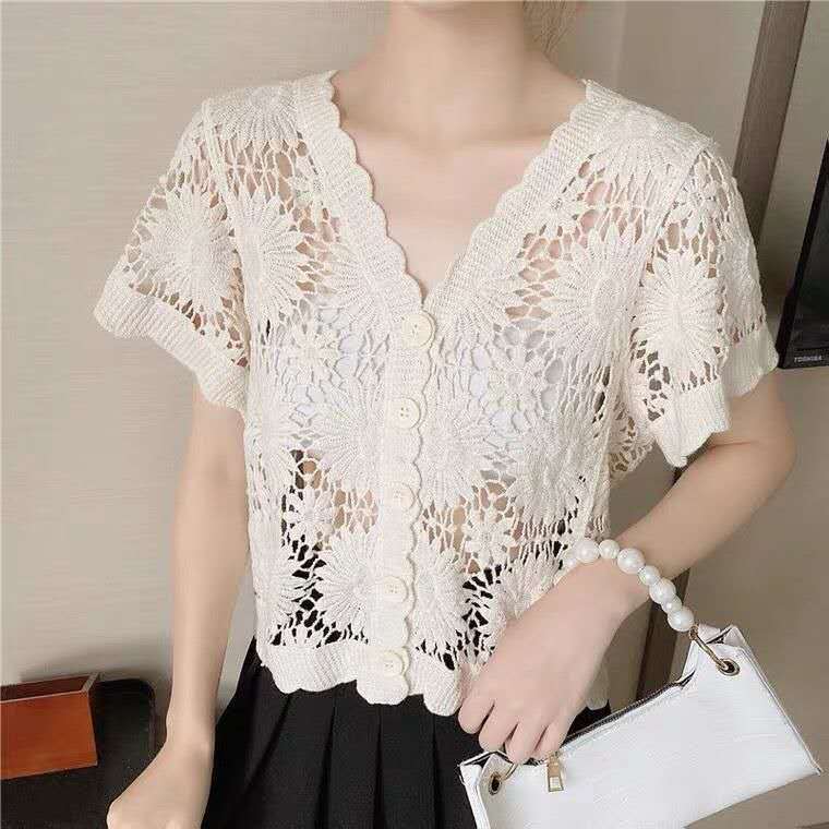 Cardigan Rajut Bolero Wanita Lengan Pendek Motif Bunga Vintage Korea Lucu