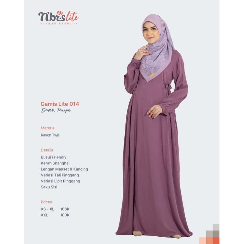 Gamis Nibras Lite 014 Warna Dark Taupe Bahan Rayon Twill Adem Busui Saku Sisi Baju Muslimah Casual C
