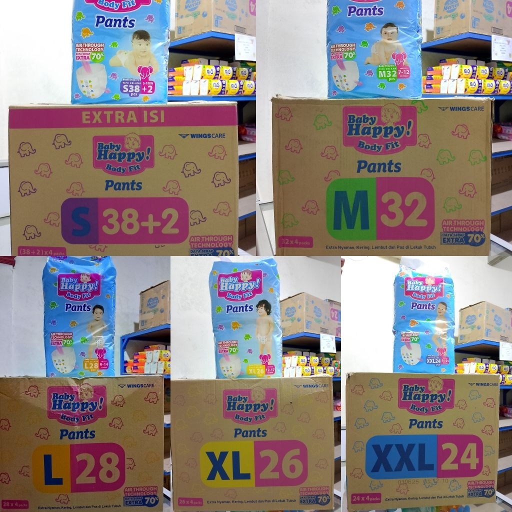 SATU KARTON BABY HAPPY PANTS S38/M32/L28/XL26/XXL24