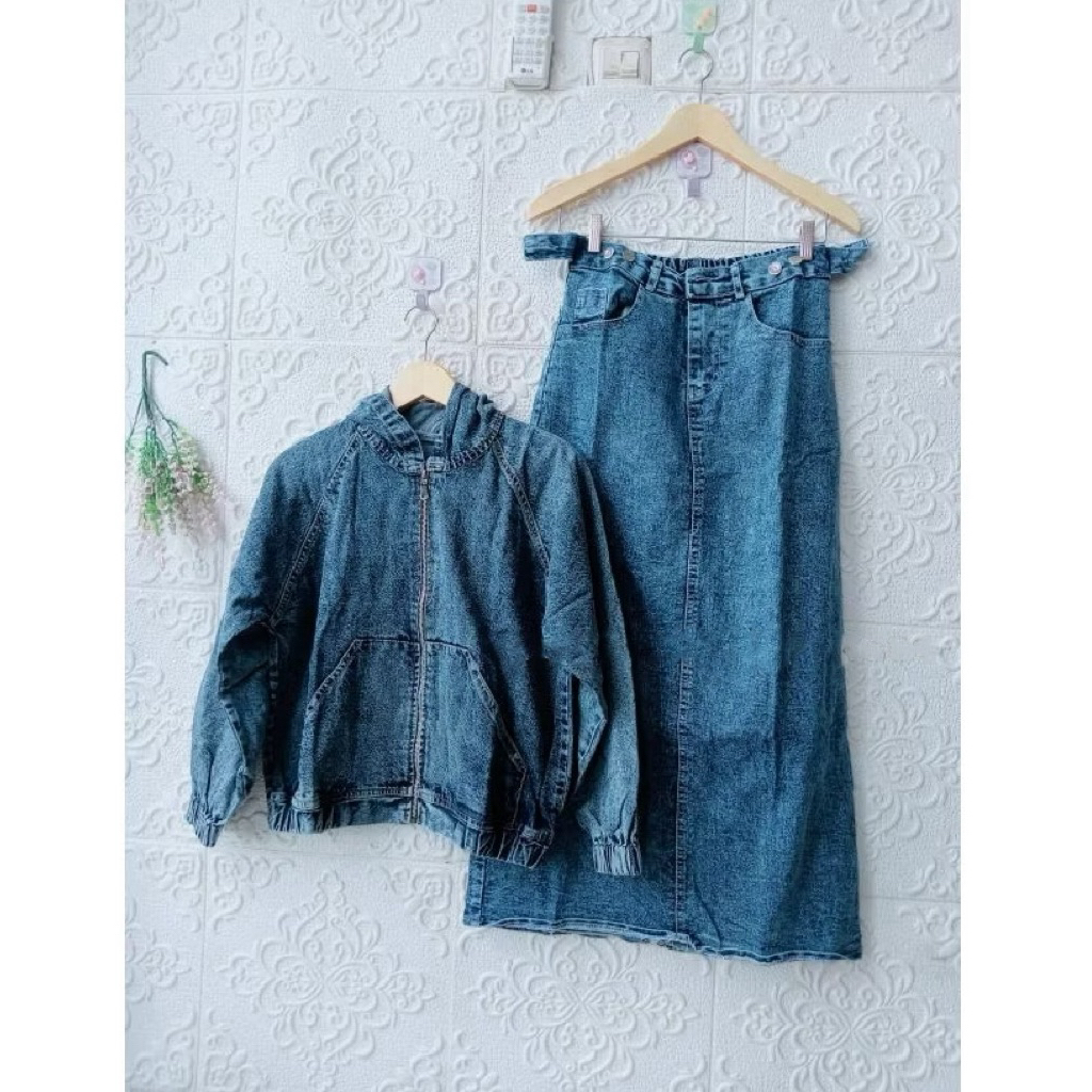 Zahra Setelan Rok Span Jeans Jaket /Oneset Rok Jeans/Setrok Jeans Jumbo