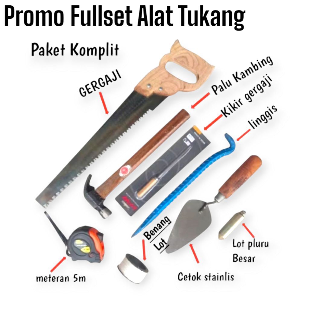 Paket Tukang -Gergaji Kayu Baja Asli Siap Pakai-Palu Kambing-Linggis Mini-meteran Viper-peralatan tu