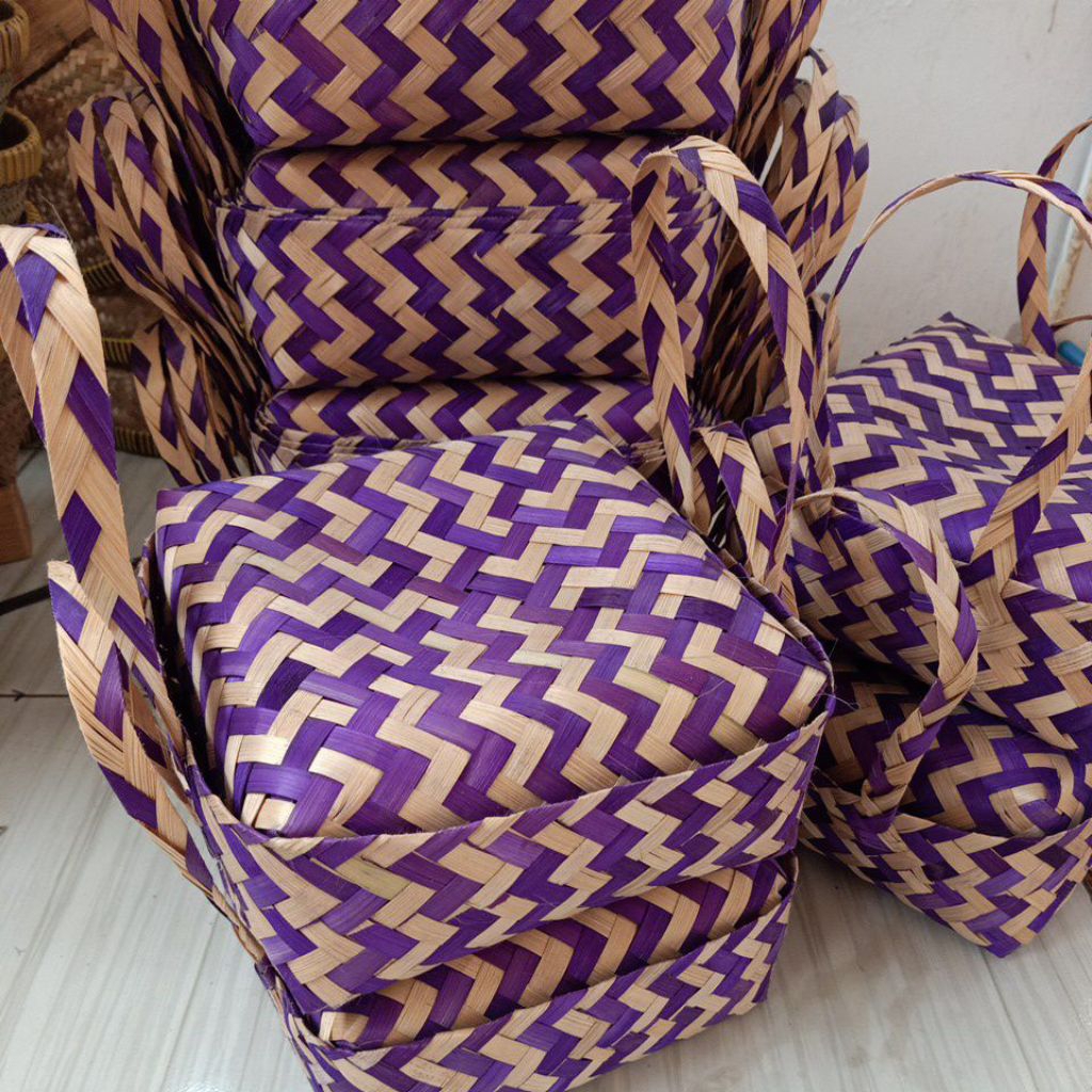 20X20 BESEK JINJING UNGU + NATURAL BESEK HIAS BESEK HAMPERS TAS BESEK KERANJANG BAMBU