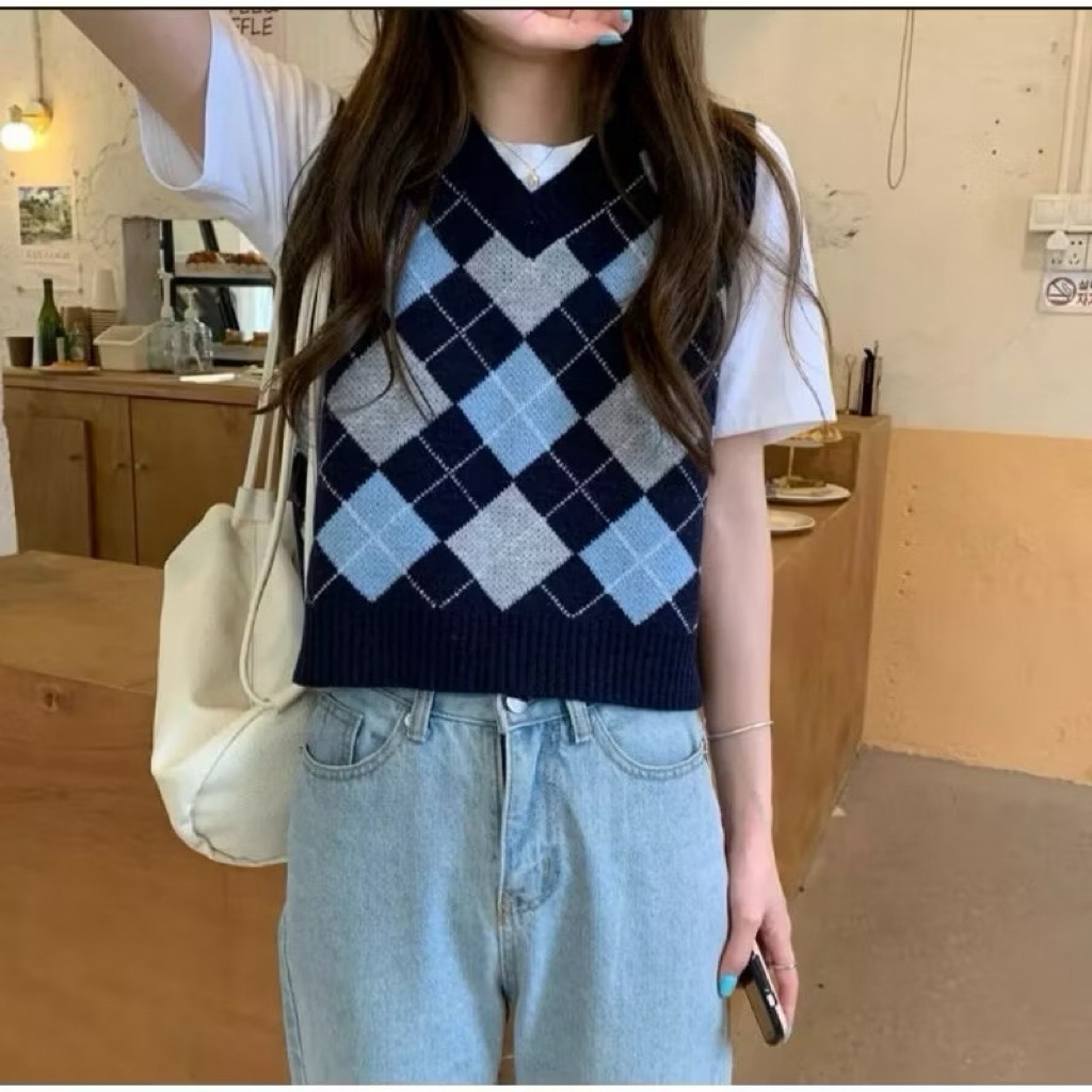 Vest Rajut Rompi Rajut Shadows Kotak Kotak Korea Gaya Retro Vest Knit Baju Wanita