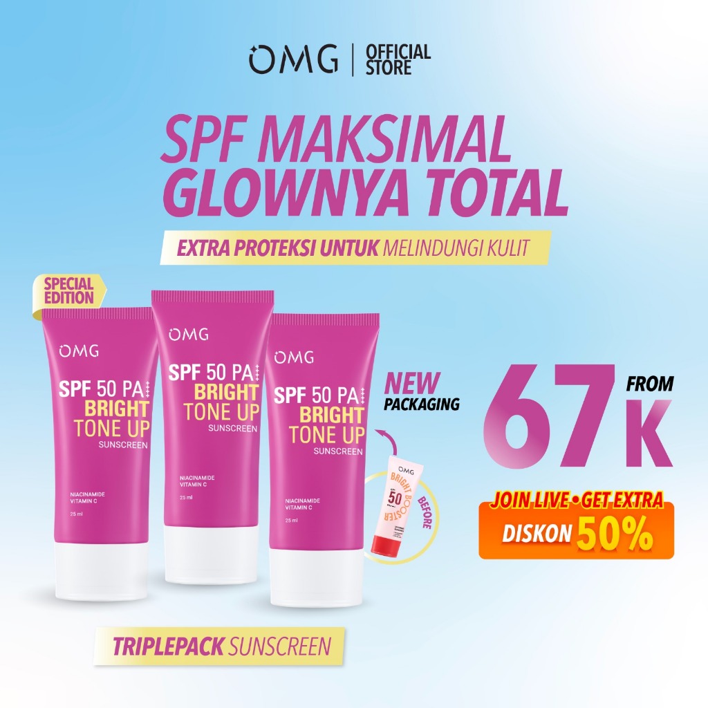 [TRIPLEPACK] OMG Oh My Glow Bright Booster UV Barrier Sunscreen SPF 50 PA++++ - Untuk Semua Jenis Ku