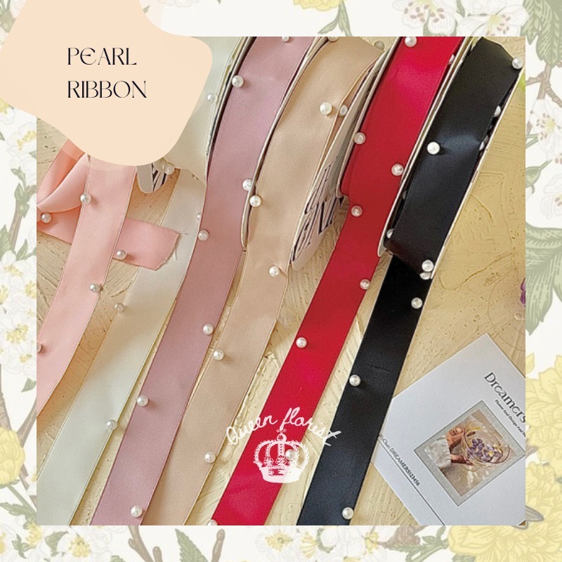 

PEARL RIBBON PREMIUM PITA SATIN DENGAN MUTIARA PITA KADO GIFT BOUQUET BUNGA DEKORASI