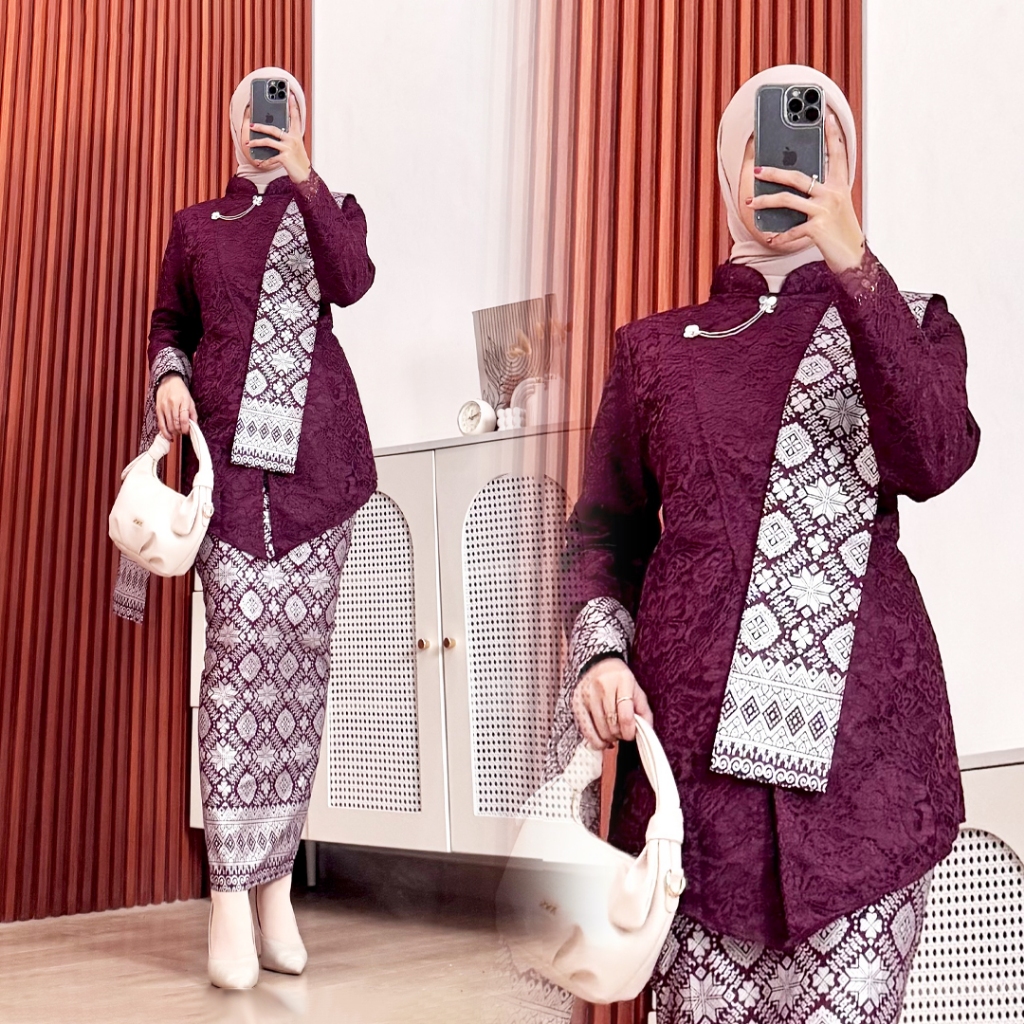 Batik Couple Termurah - Set Kebaya Janggan Kanayu Rok Span Motif Songket FREE BROS dan Selendang Baj