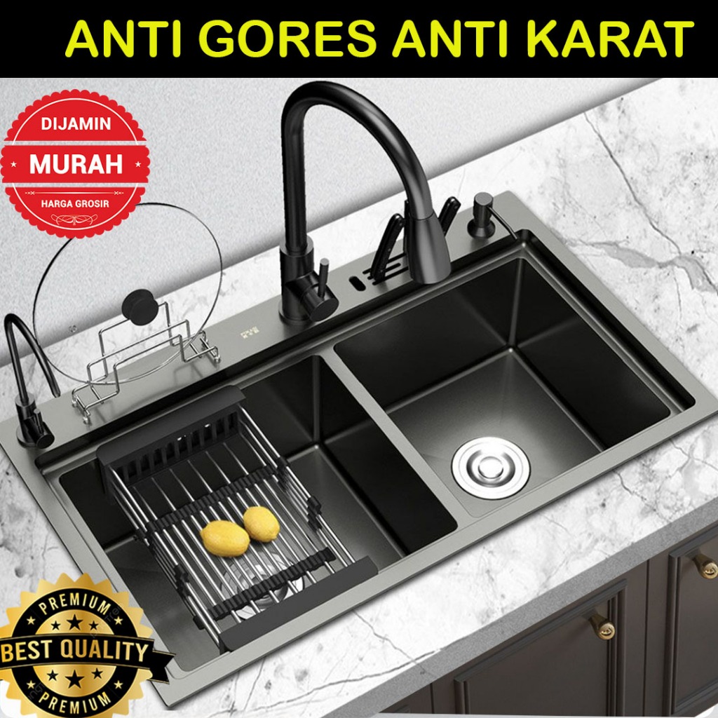 Kitchen Sink 8245 Black Hitam Paket Komplit / Sink Hitam Stainless Steel / Bak Cuci Piring Hitam 2 L