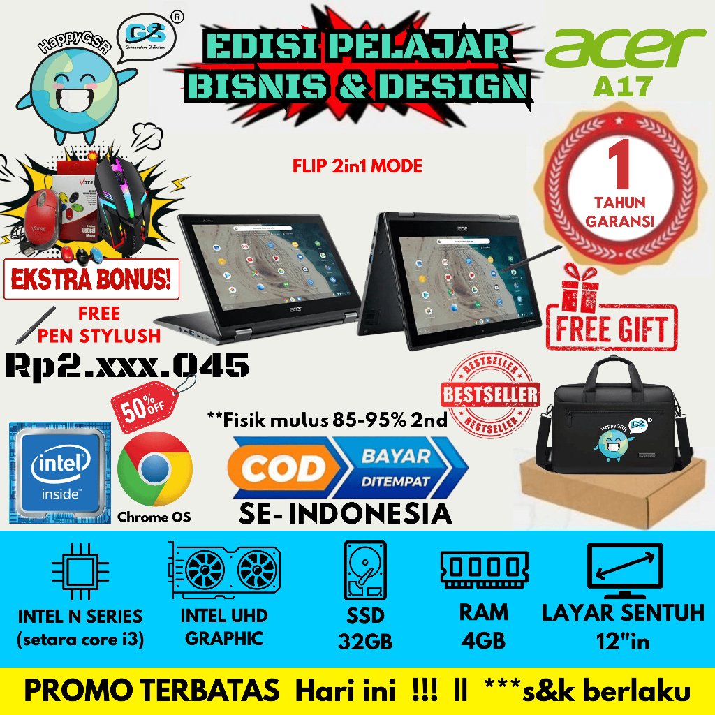 Laptop 2in1 Acer Chromebook C738T – Bisa Lipat & Layar Sentuh