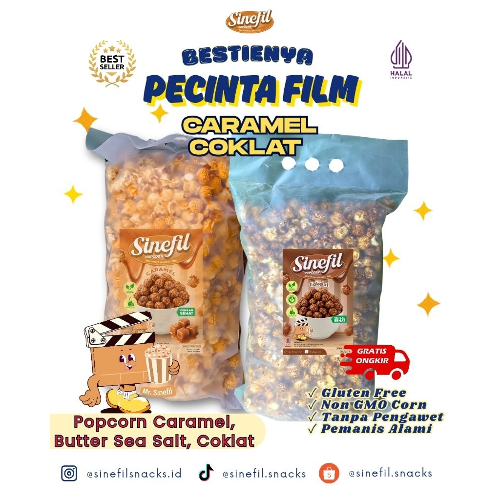 

[Caramel Coklat] Sinefil popcorn Caramel, coklat- Sinefil popcorn, cemilan enak, renyah Snack Food Manis Camilan Kering