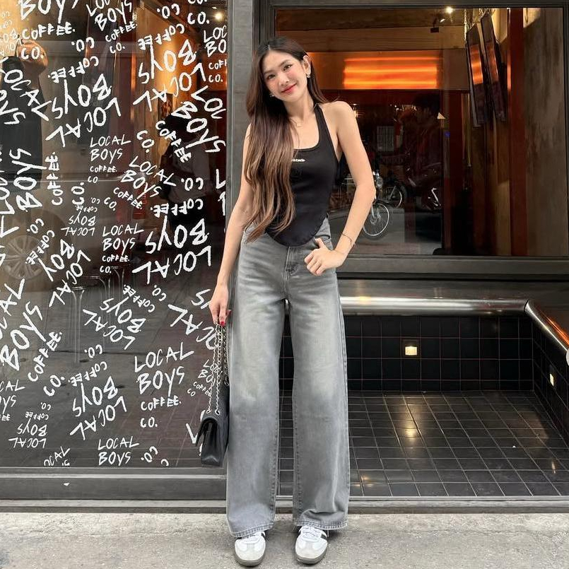 Highwaist Baggy Jeans Wanita Vintage Warna Abu