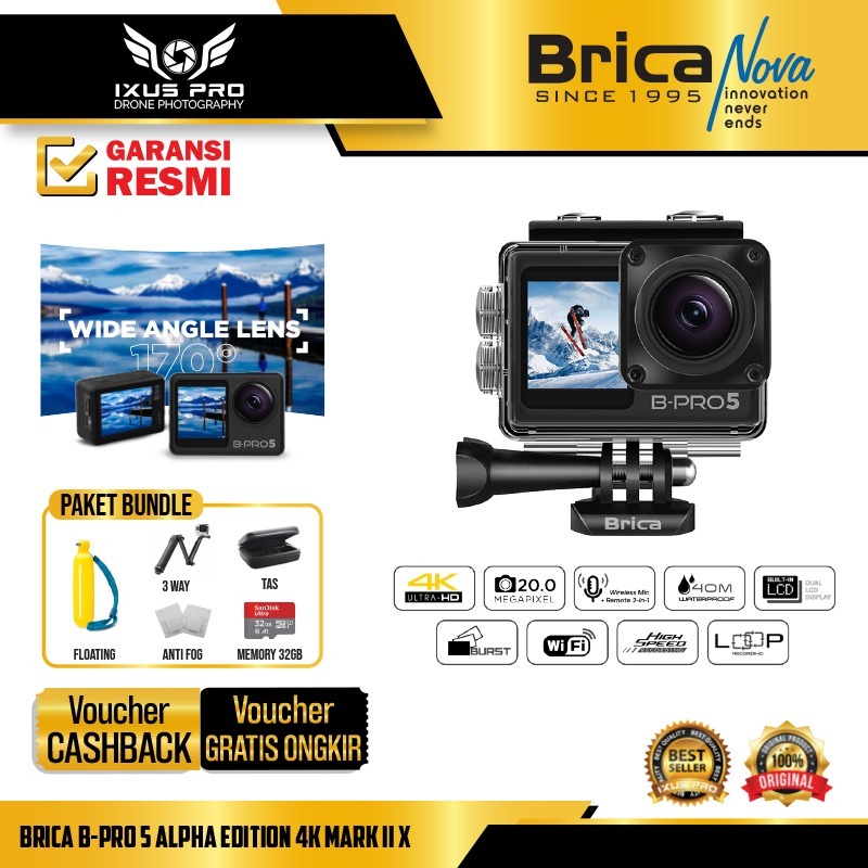 Brica B-PRO 5 Alpha AE2X Action Camera - Hitam, Sensor SONY Exmor-R 20MP, 4K, 170° FOV, Waterproof 40m