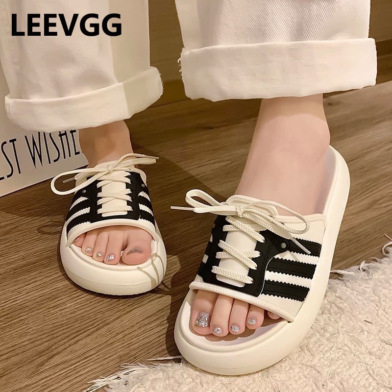 LEEVGG  Sandal Selop Wanita Korea Flats Tebal Empuk Karet EVA Sandal Sepatur Bertali Anti-Slip