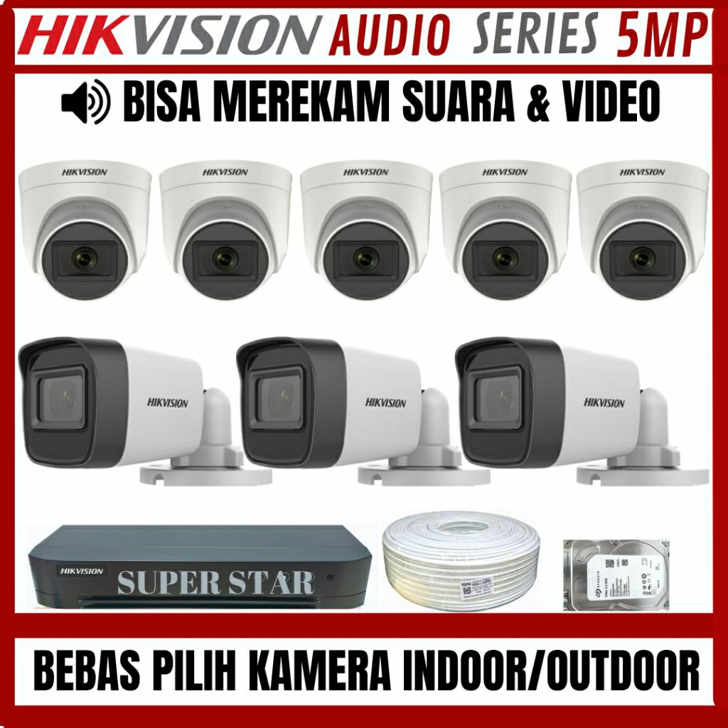 PAKET CCTV HIKVISION 5MP AUDIO 8 CHANNEL 8 KAMERA BISA MEREKAM SUARA DAN VIDEO