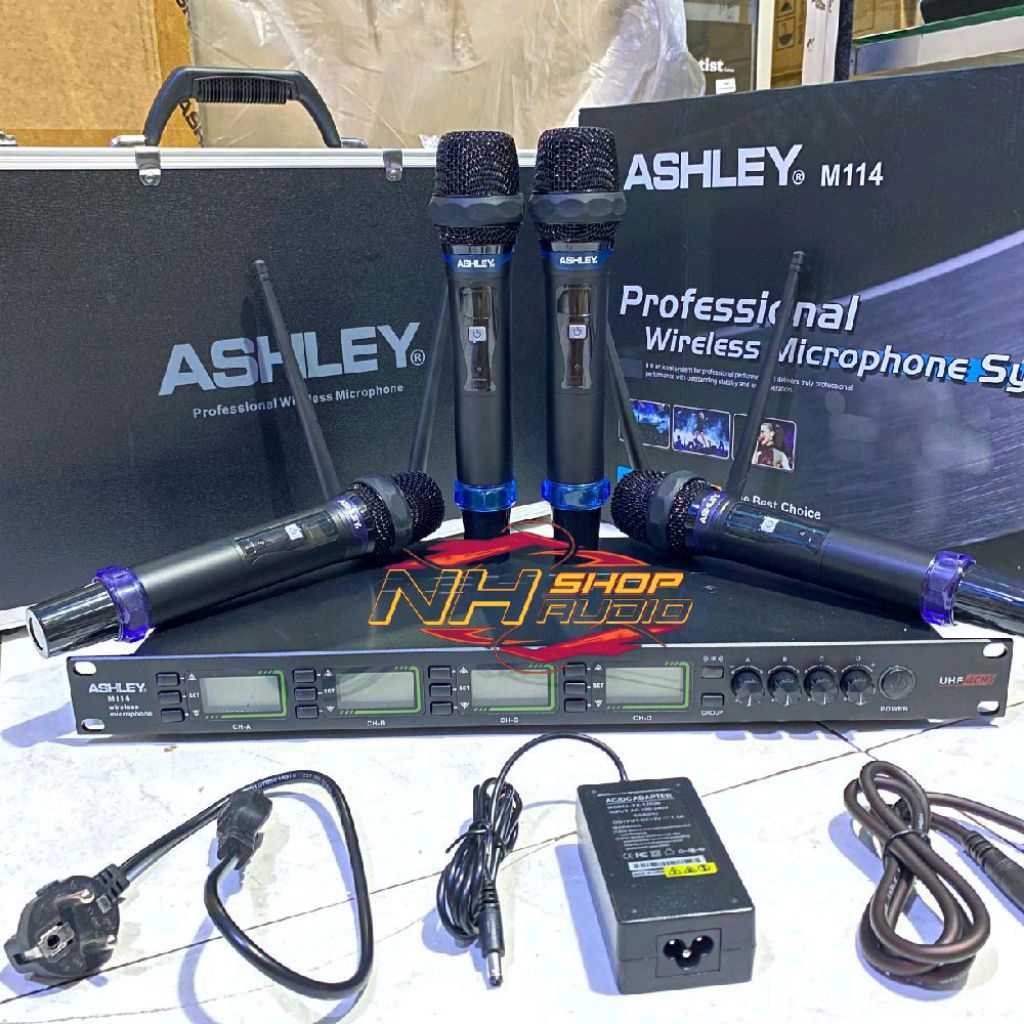 Mic Wireless Ashley M114 UHF 4 Mic Genggam + Koper Hardcase Mic Ashley M114 isi 4mic Genggam Mic Wir