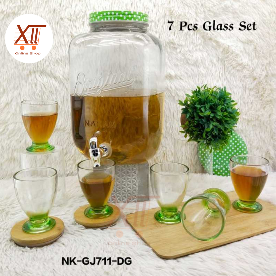 NAKAMI NK~GJ711 DG Glass Decanter Beverage Dispenser 11 Liter + 6 Pcs Glass Set - Dispenser Kaca den