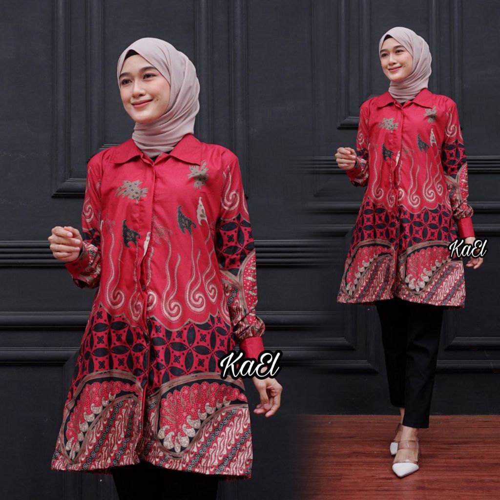 Atasan Batik Wanita Tunik Batik Resleting Depan Saku Samping