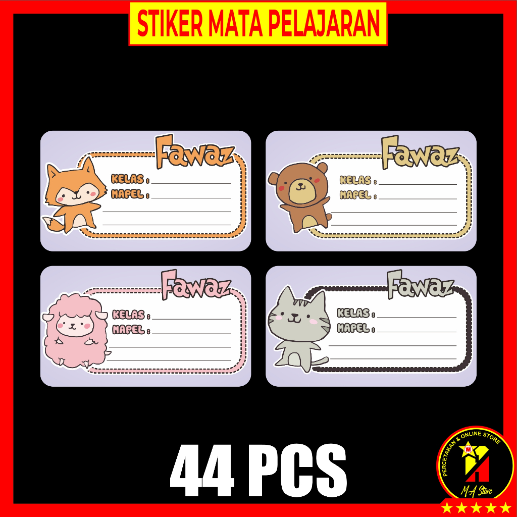

44 PCS Stiker Mapel Mata Pelajaran Custom Karakter Kawaii Bahan Stiker HVS
