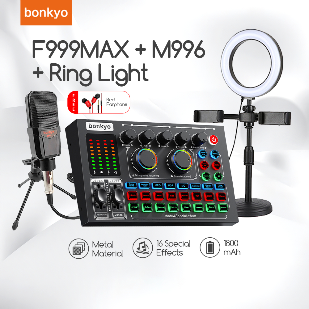 Bonkyo Sound card F999MAX + mikrofon tripod M996 + lampu isi cahaya kecantikan satu set peralatan le