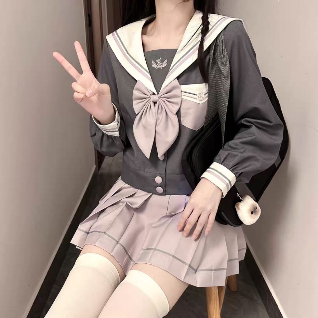 Yaong - Setelan Seragam Seifuku [Shenbei JK] Swasta Fujiran Warna Ungu n Abu Dihiasi Dasi Pita Lucu,