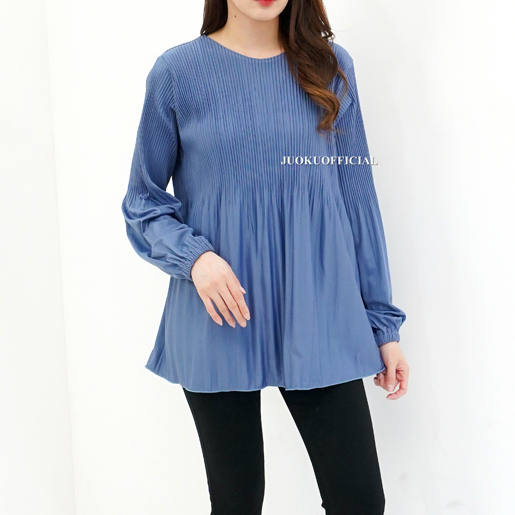 Stokbana_ - Atasan Plisket Lidi Cabang Lengan Panjang Blus Plisket Pleated Top