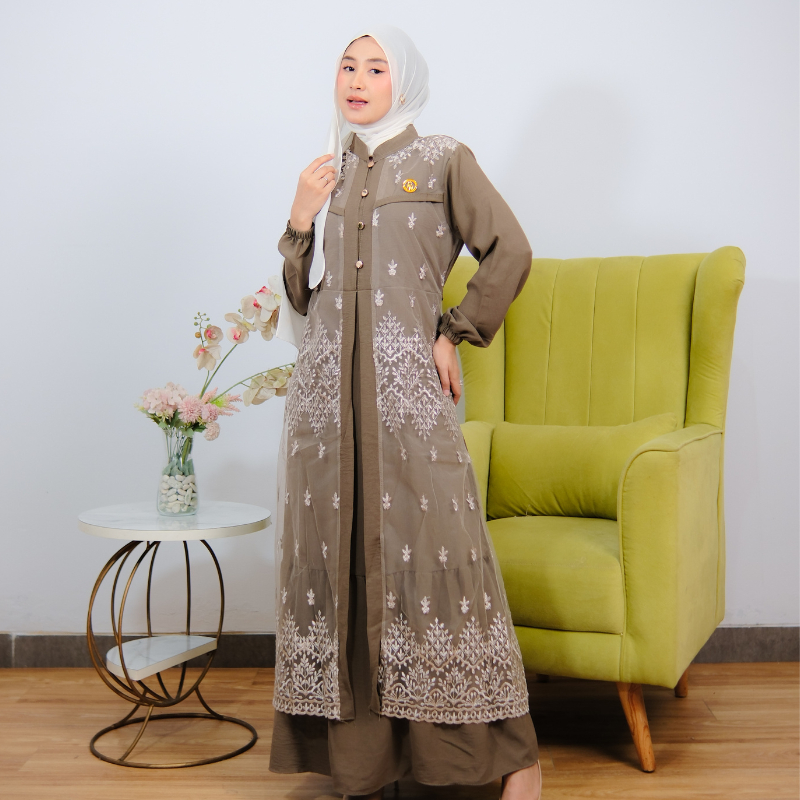 Gamis Brokat Elegan Pesta Muslimah Premium-Milk Brown