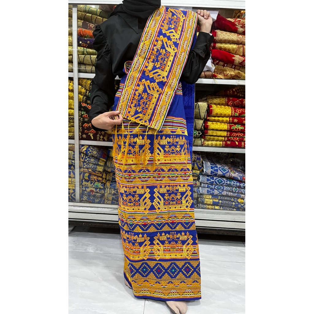 bisa cod tapis lampung tenun bordir motif perahu bahan antik biru