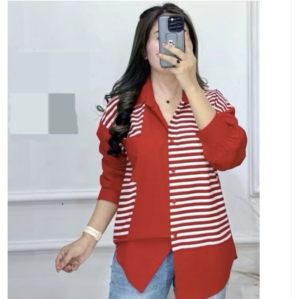 ATASAN KEMEJA WANITA MERAH PUTIH/KEMEJA SALUR MERAH