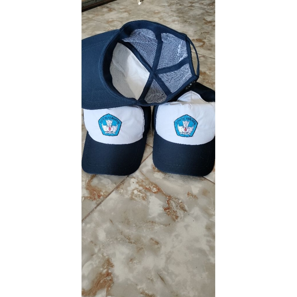 topi SMP putih biru kain Amerikan drill