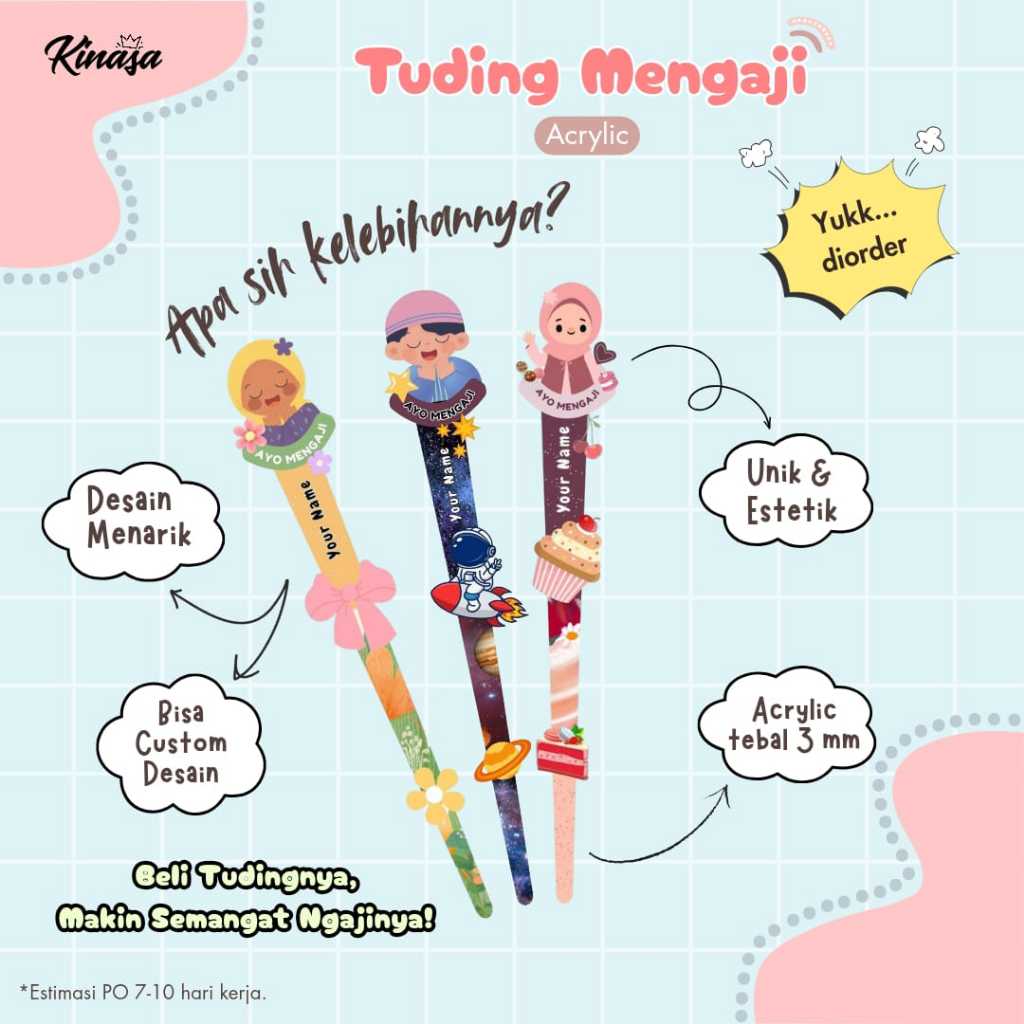 

Tuding Kalam Mengaji Anak Acrylic Custom Nama Kemasan Plastik