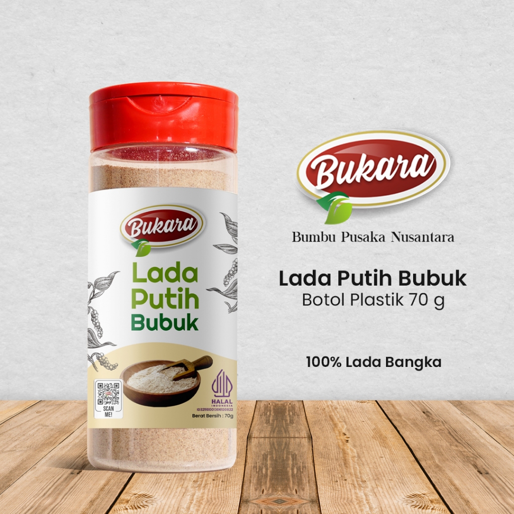 

Lada Putih Bubuk Merica Bangka Super Premium Grade A 70 gram Bukara Kemasan Botol Plastik