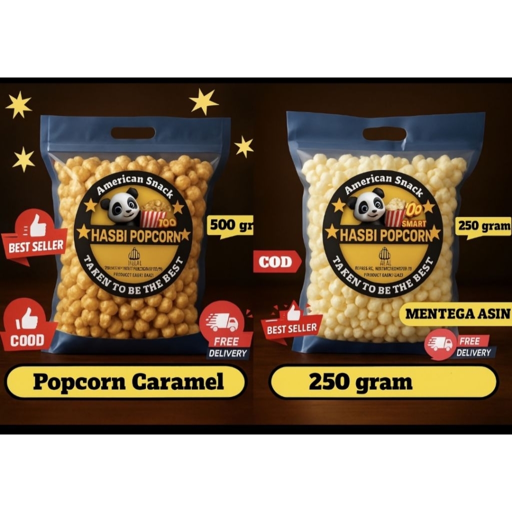 

[ BUY1 GET1 ]popcorn caramel 500g+popcorn butter 250gr/hasbi snack cemilan popcorn termurah