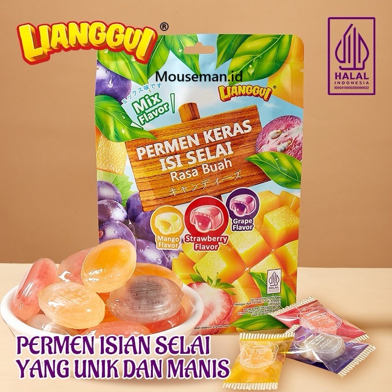 

LIANGGUI Mix Flavor PERMEN KERAS Aneka Rasa ISI SELAI Rasa Buah Mango Strawberry Grape 108gr