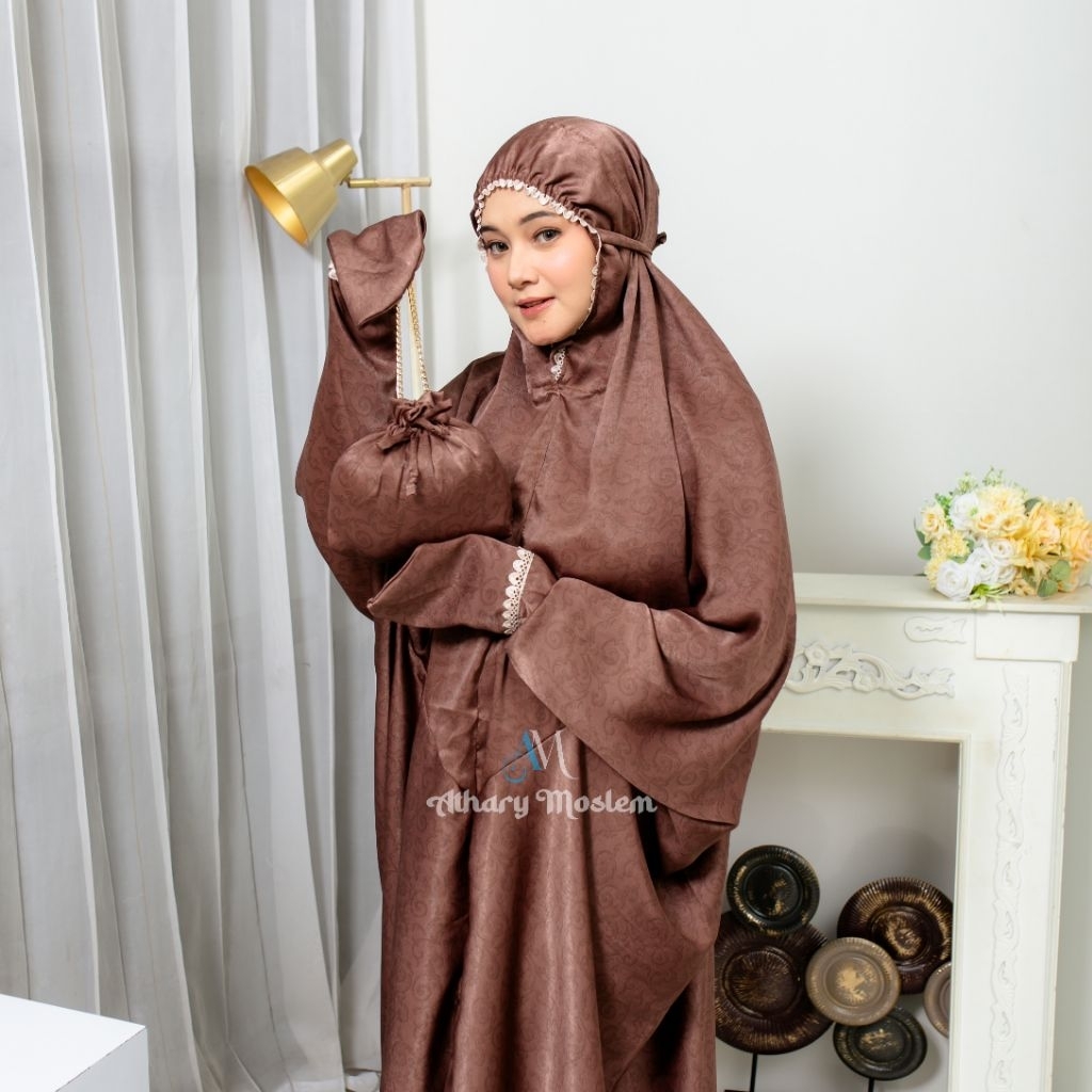 Mukena Terusan Dewasa Santorini Silk Premium Mewah Jumbo Mukena Terusan Motif Penutup Dagu Mukena Te