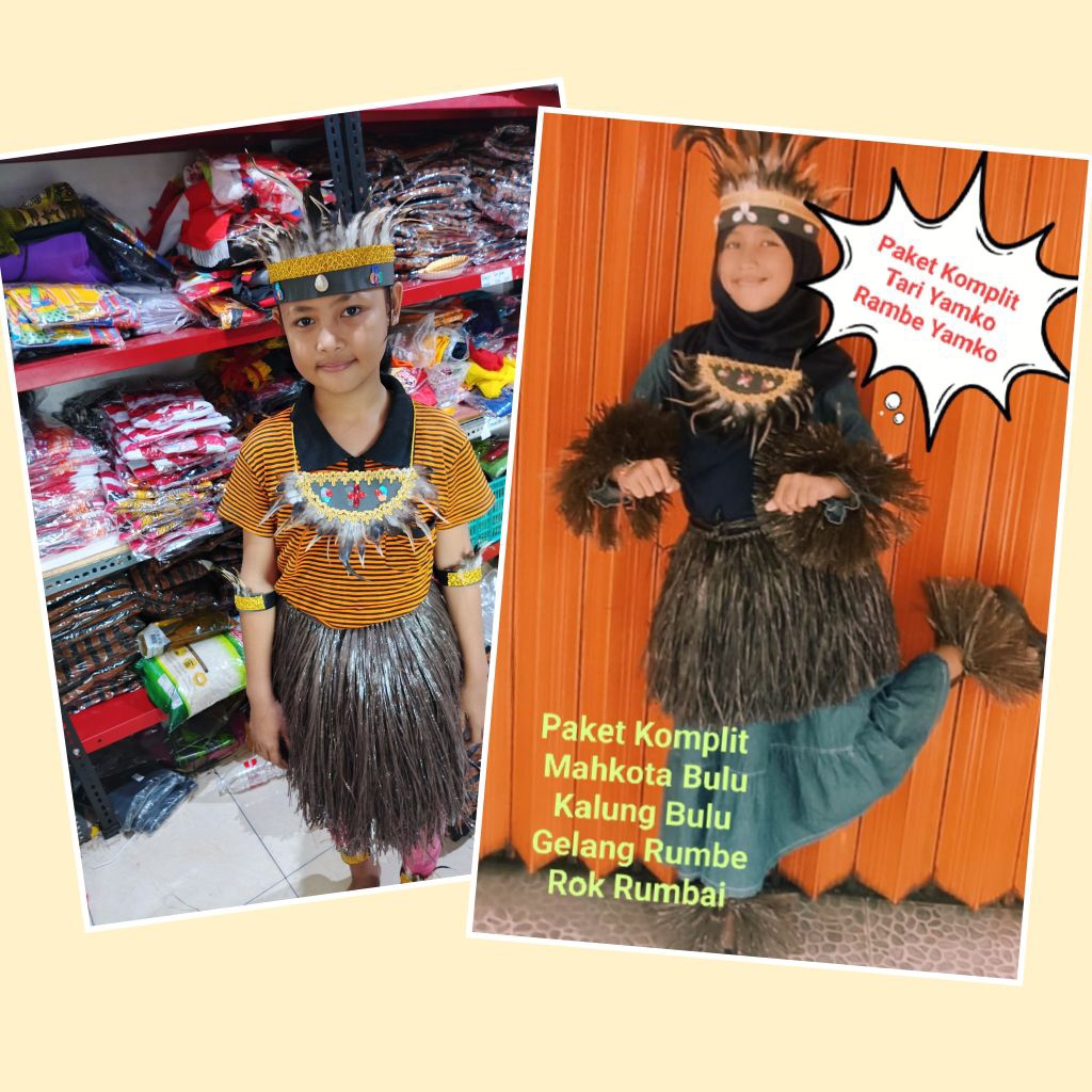 Paket Komplit Rok Rumbai Tali Rafia Warna Coklat Untuk Anak TK dan SD