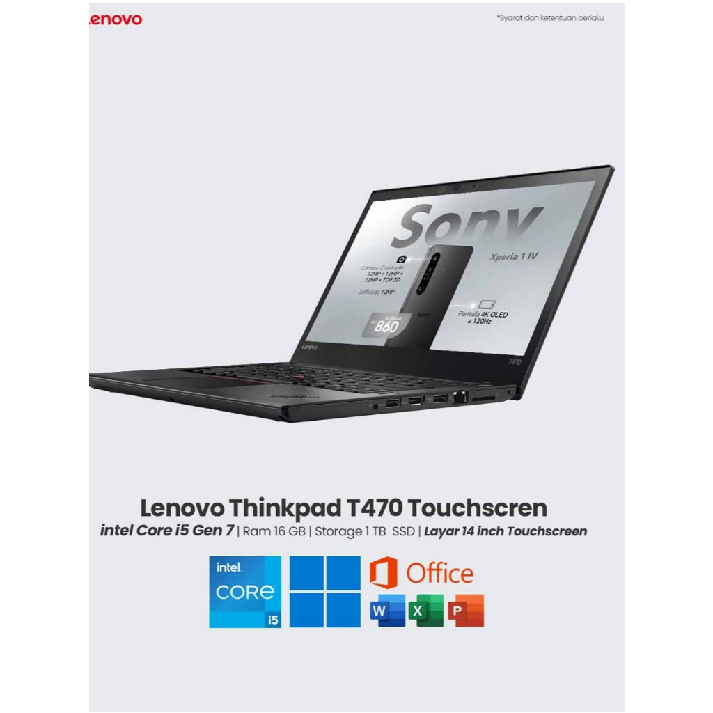 Laptop Lenovo Thinkpad T470 Core i7 Gen 7 Ram 32 GB SSD 1 TB Layar 14 Inch