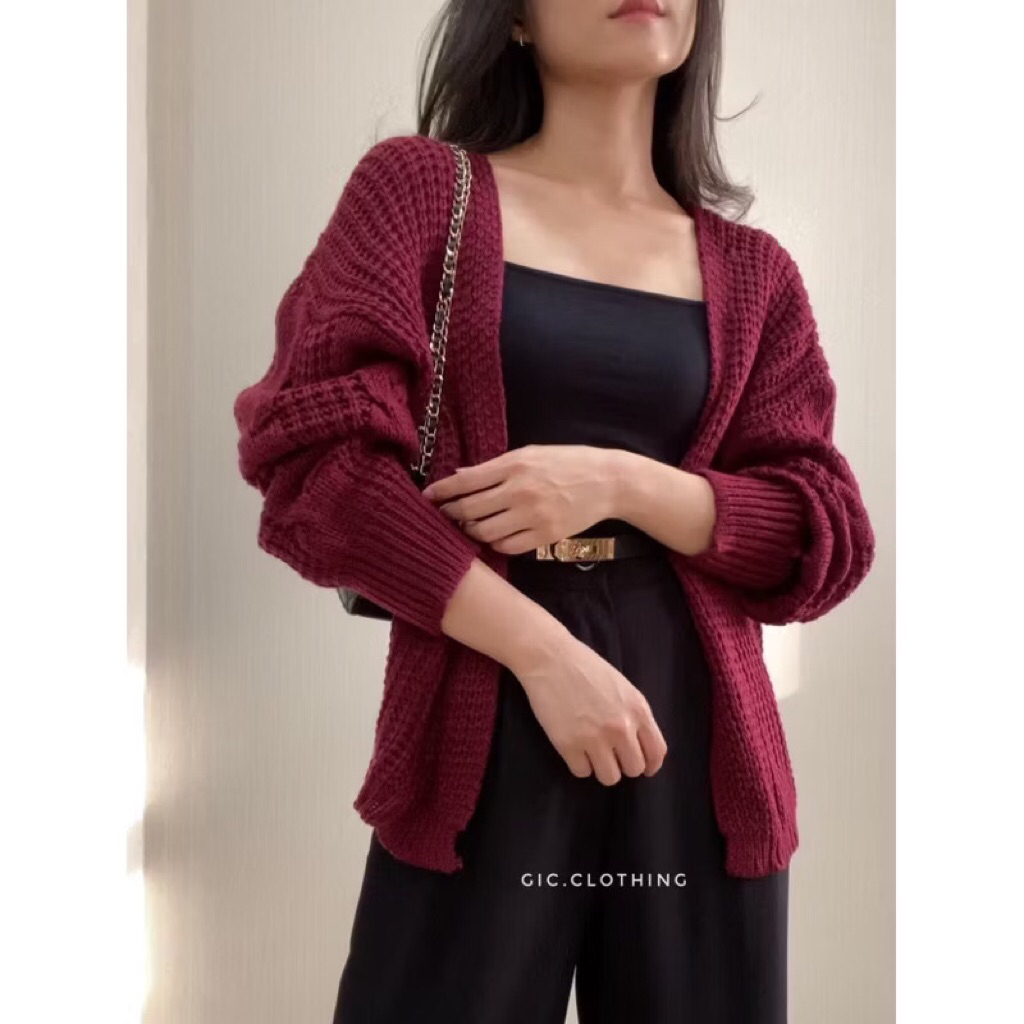 PRELOVED LIKE NEW - GIC Clothing | Minji Korean Cardigan | Cardigan Rajut Maroon | Outer Rajut
