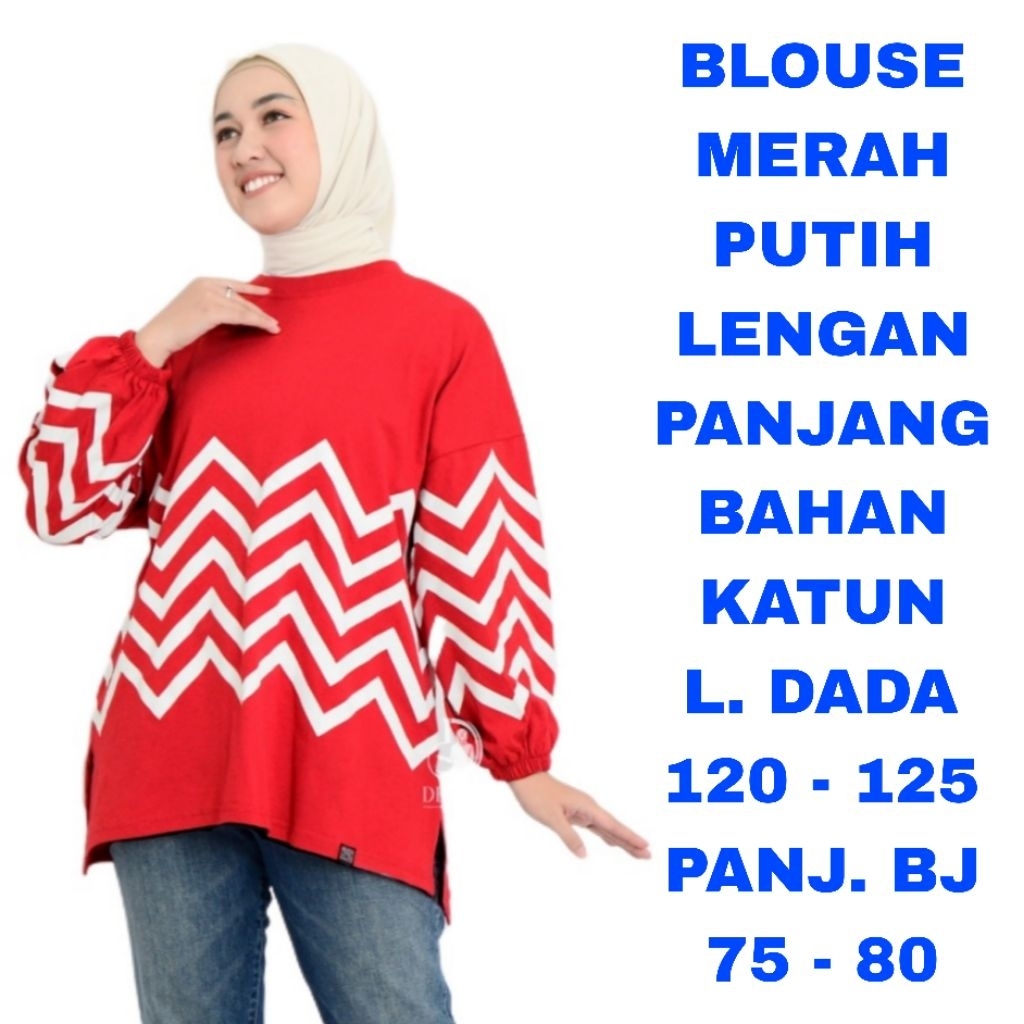 WK BLOUSE MERAH PUTIH WANITA JUMBO LD. 120 LD. 125 BAJU ATASAN LENGAN PANJANG MUSLIM HIJABER KEMERDE