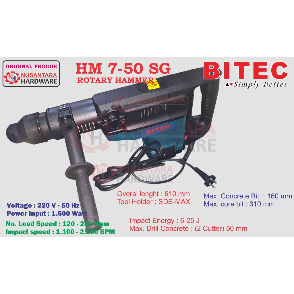 rotary hammer bitec hm 7-50-sg, mesin bor bobok tembok, bor beton rotary, mesin bor palu bitec