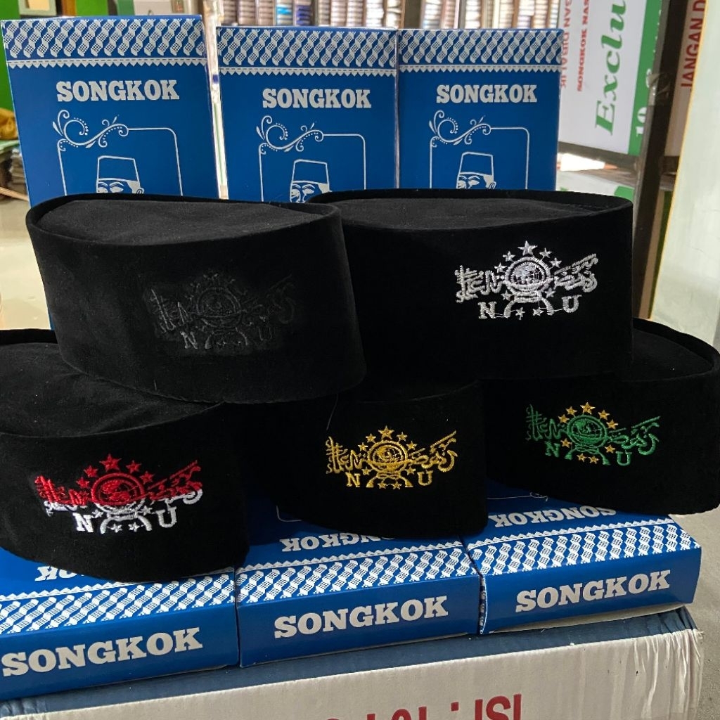 TAFBABY - Peci NU Tinggi 9 cm Kupluk Hitam Kopyah Logo Bordir Hijau Kuning Emas Merah Putih