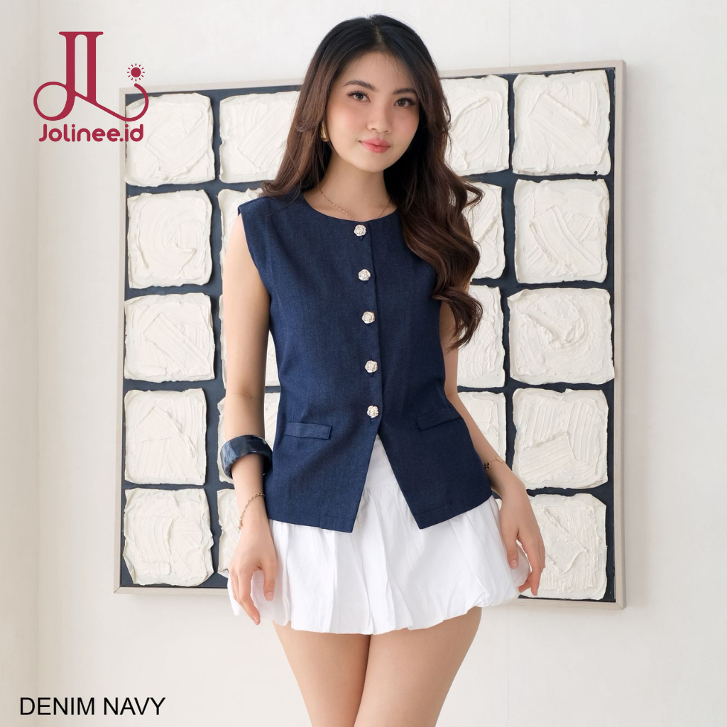 JOLINEE VEST DENIM  / Atasan Denim / Atasan Wanita Kekinian / Atasan Denim Wanita / Rompi Kerah V- /
