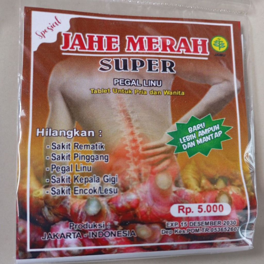 

Jamu Jahe merah super pegal linu ecer 5000