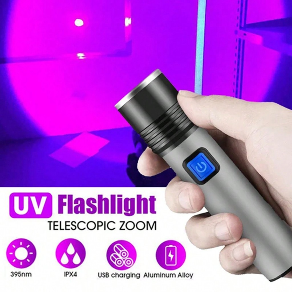 Senter UV USB Rechargeable UV Flashlight 395nm UV Flashlight Black Light Zoom