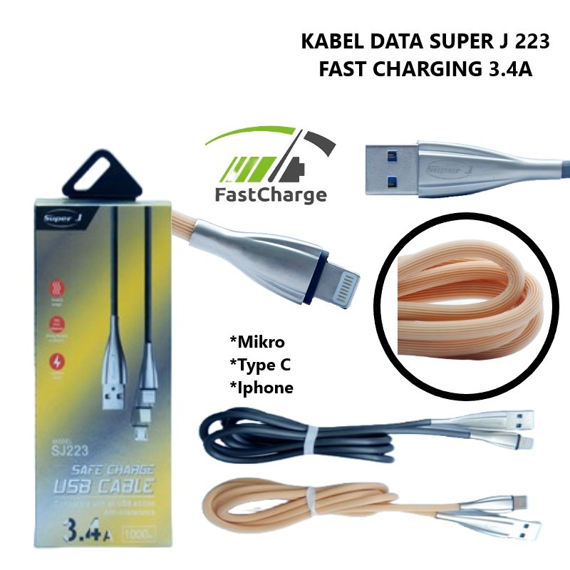 Kabel Charger SUPER J 223 Pengisian Cepat USB Tipe C Lightning USB 3.4A Transfer Data Kabel Jalinan