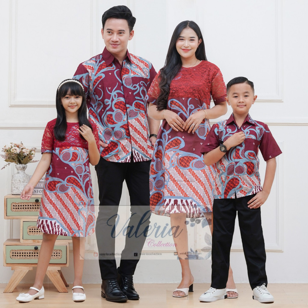 Outfit Couple Keluarga Ayah Ibu Anak Dress Batik Lengan Pendek Baju Atasan Batik Modern