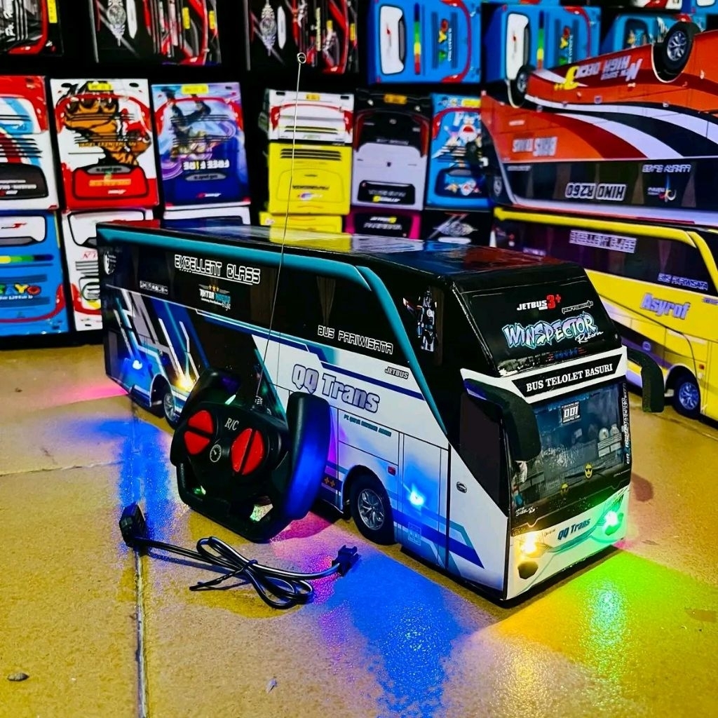 miniatur bus telolet, bus remote control, lengkap baterai bus dan cas