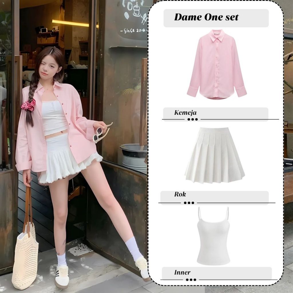 Outfit Dame Set Korea Style Wanita ( Kemeja , Rok , Tanktop ) Setelan One Set Remaja Seksi Kekinian