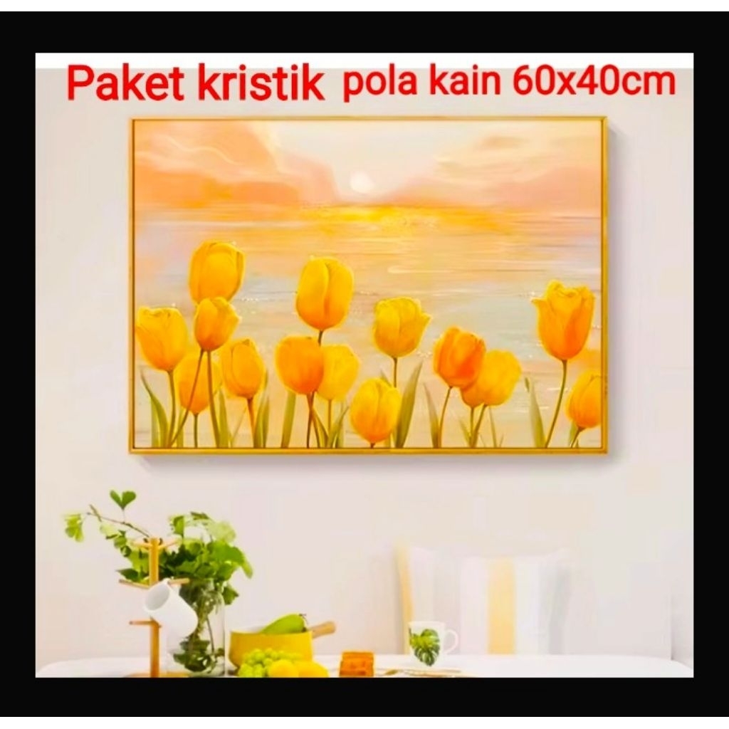 DIY PAKET KRISTIK BUNGA TULIP YELLOW BEACH POLA KAIN CROSS STITCH KIT