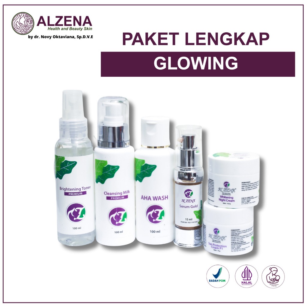 ALZENA Paket Skincare Glowing 5 Item (Milk Cleanser/Susu Pembersih, Sabun Wajah, Toner, Krim Pagi da