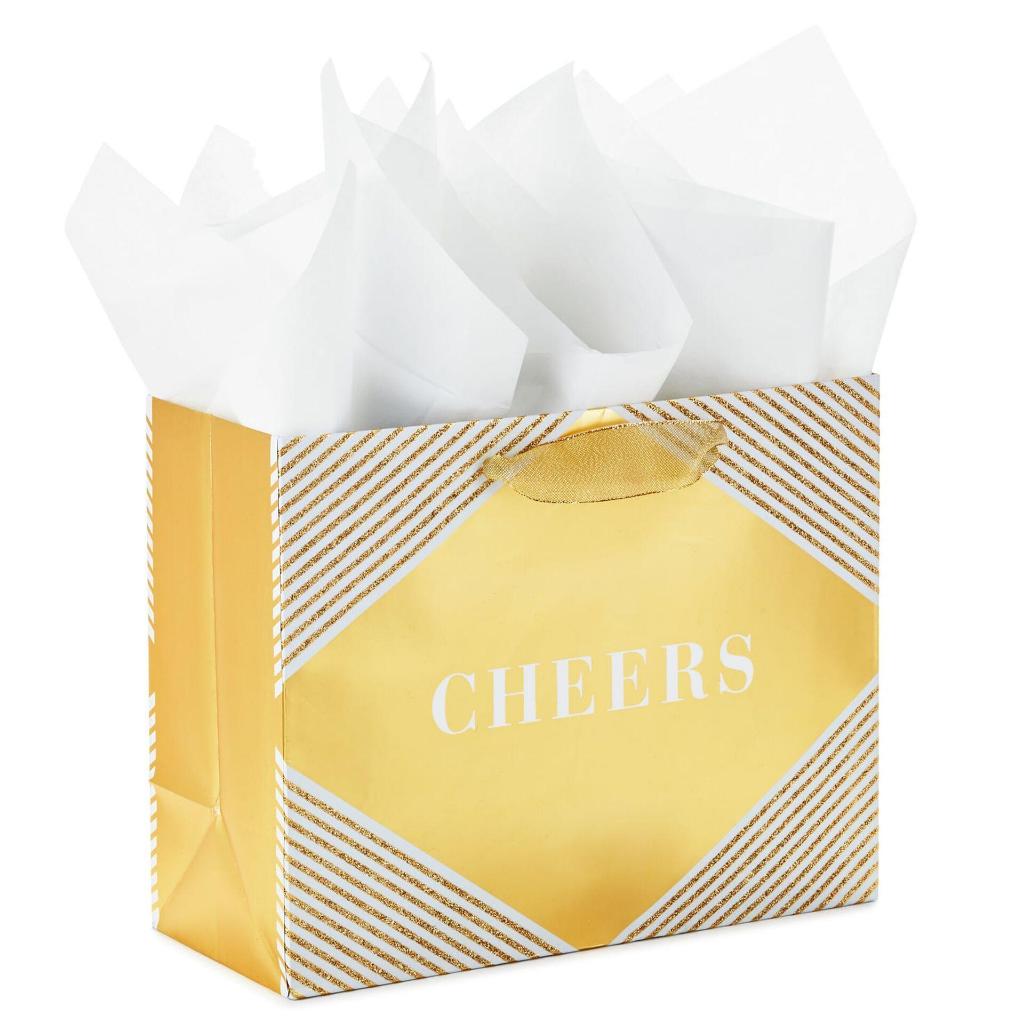 

PAPER BAG MEDIUM- GIFT BAG- HALLMARK- CHEERS ON GOLD BAG WITH TISSUE