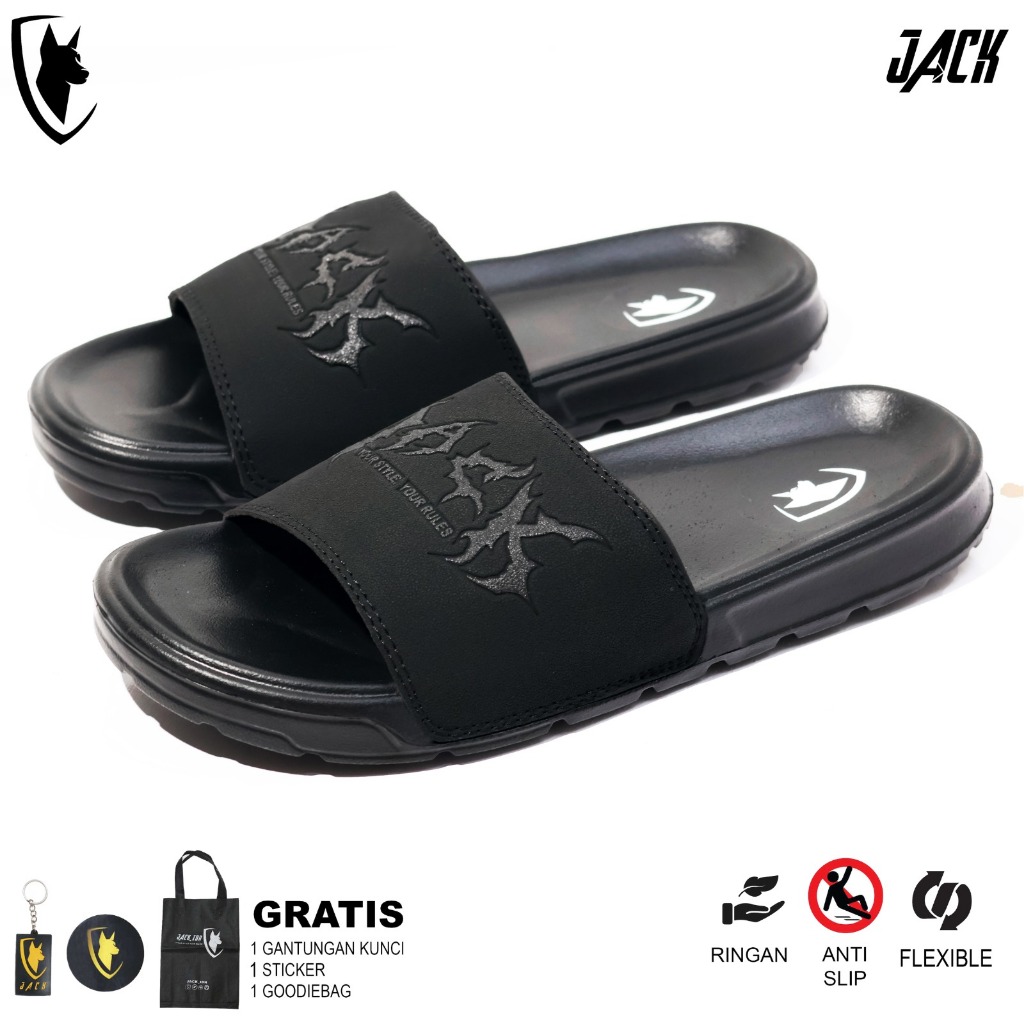 JACK IDN Sandal Slide Pria Sendal Slop Flip Flop | EVIL BLACK EMBOSSED